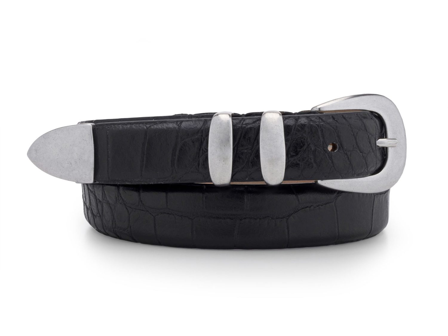 black embossed leather tiny coconut belt, rolled