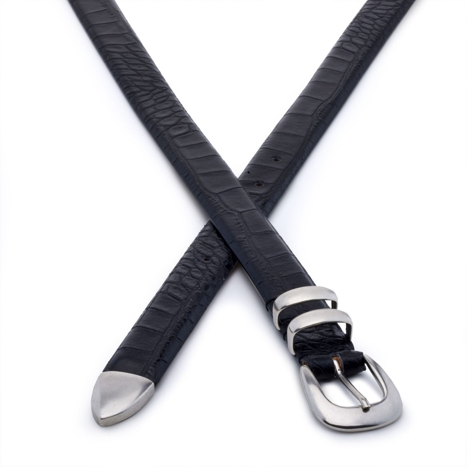 black embossed leather tiny coconut belt, crossed