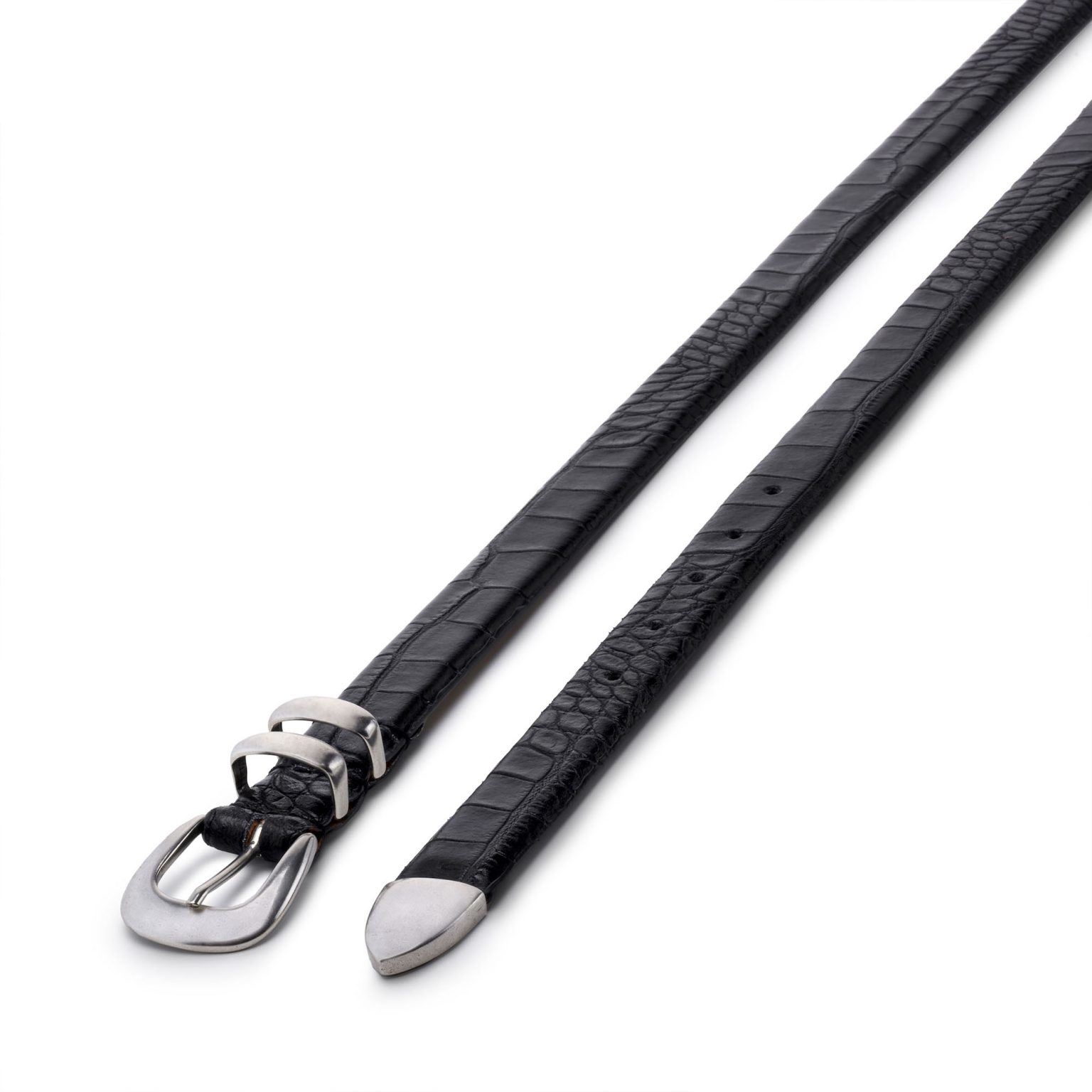black embossed leather tiny coconut belt, diagonal view
