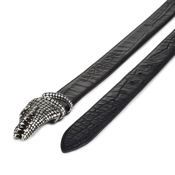 Black embossed leather with crocodile buckle Everglades belt, diagonal view