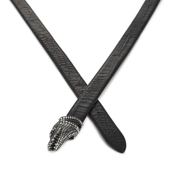 Black embossed leather with crocodile buckle Everglades belt, crossed