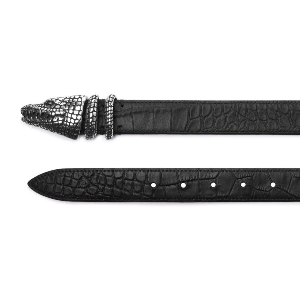 Black embossed leather with crocodile buckle Everglades belt, both ends