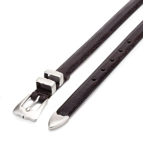 black embossed leather tiny lobster belt, diagonal view