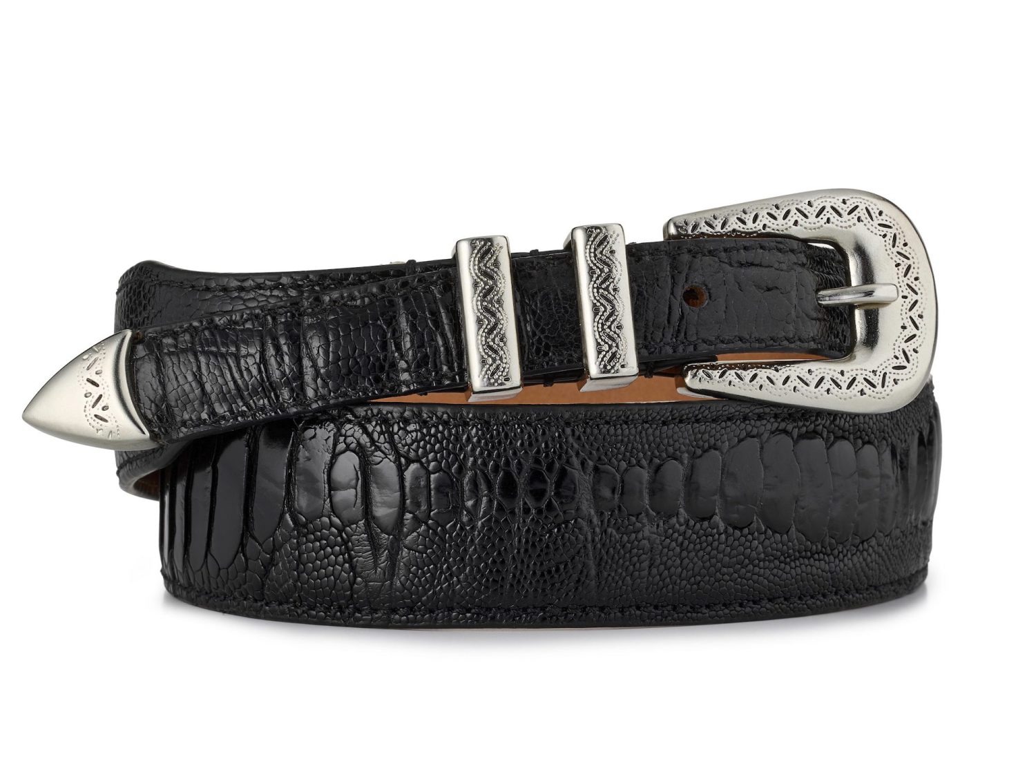 black exotic ostrich leather amboise belt, rolled