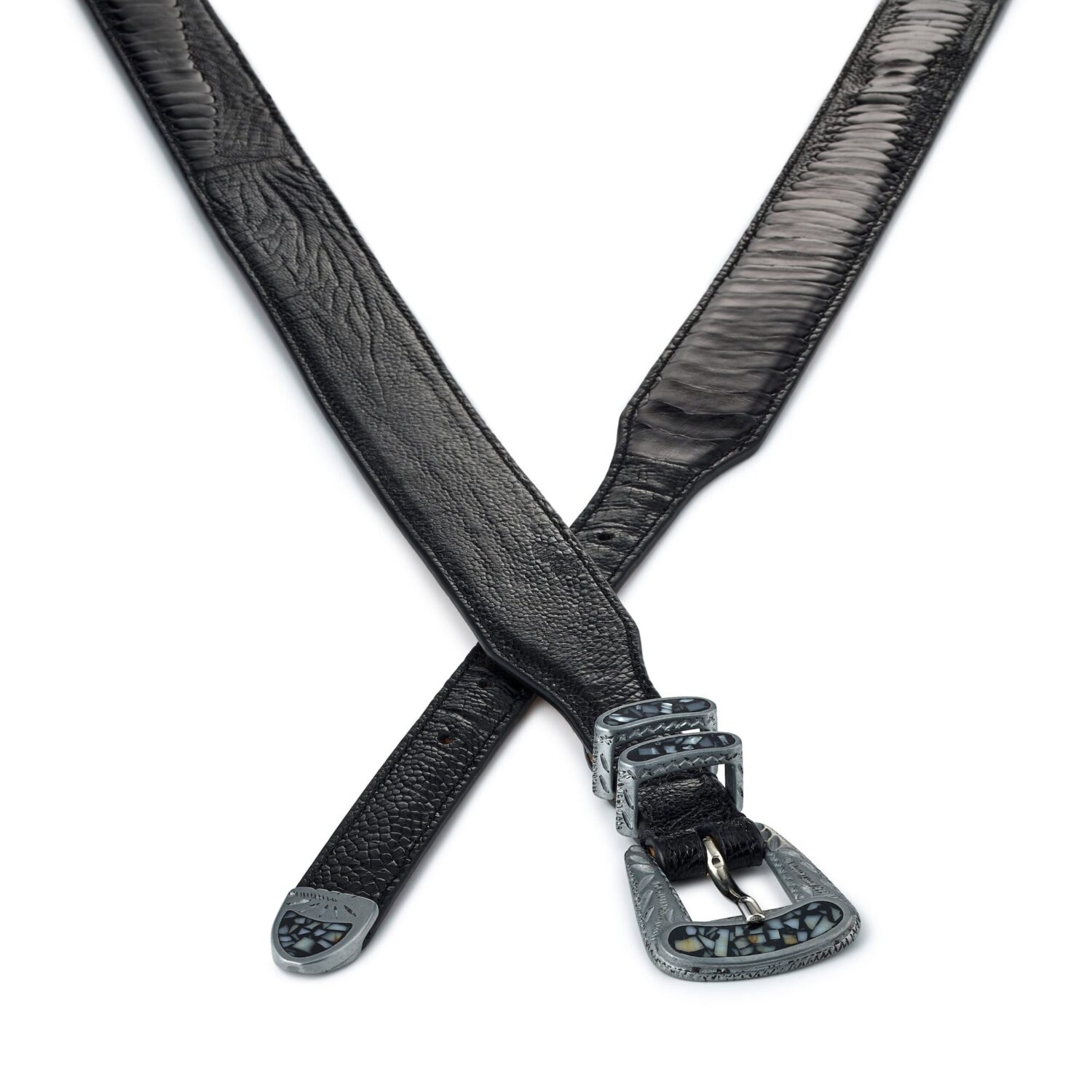 Black exotic ostrich leather New York belt, crossed