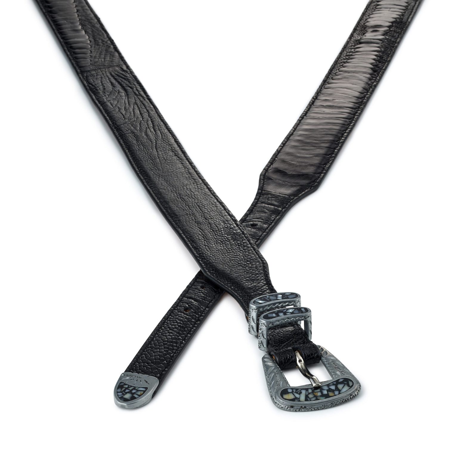 Black exotic ostrich leather New York belt, crossed