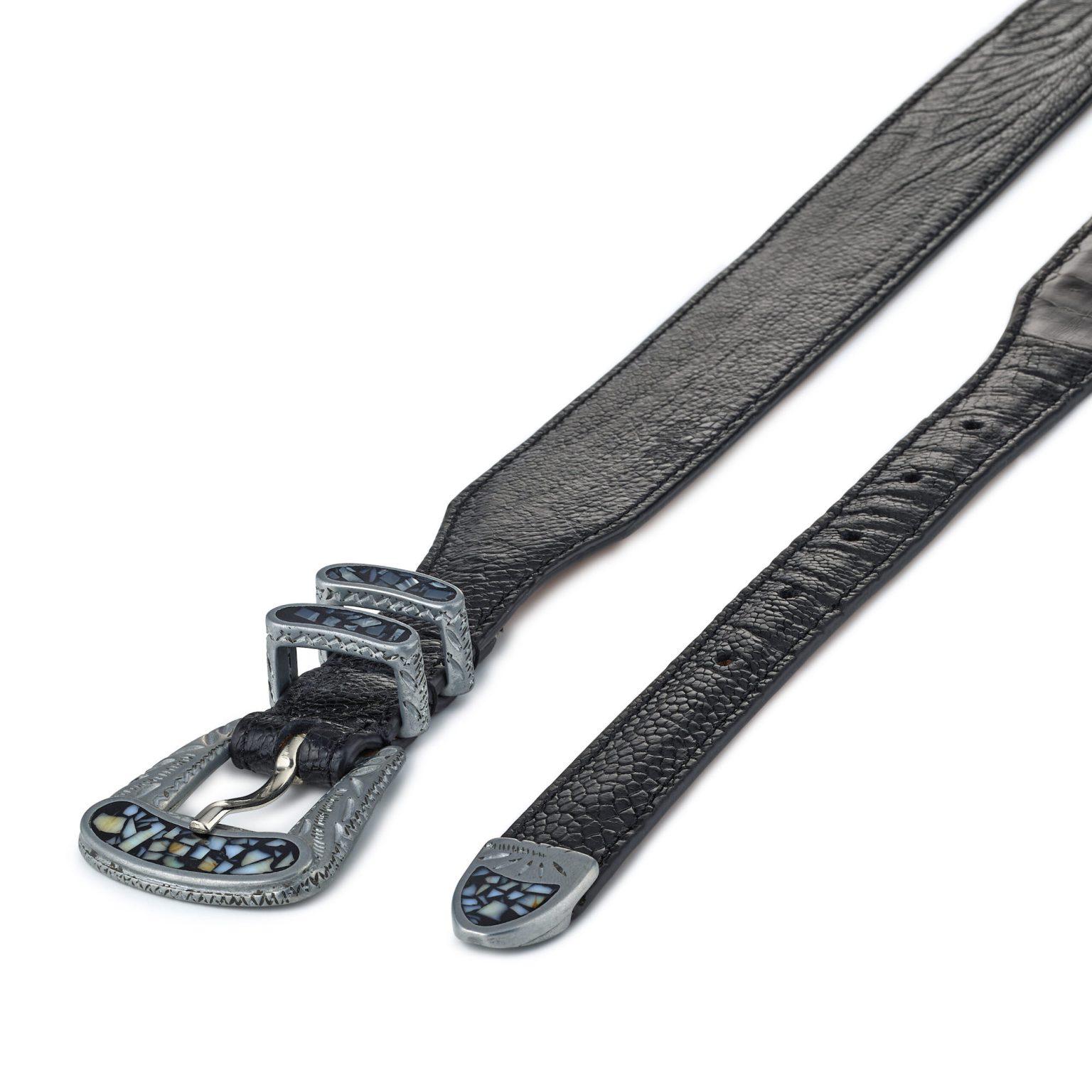 Black exotic ostrich leather New York belt, diagonal view