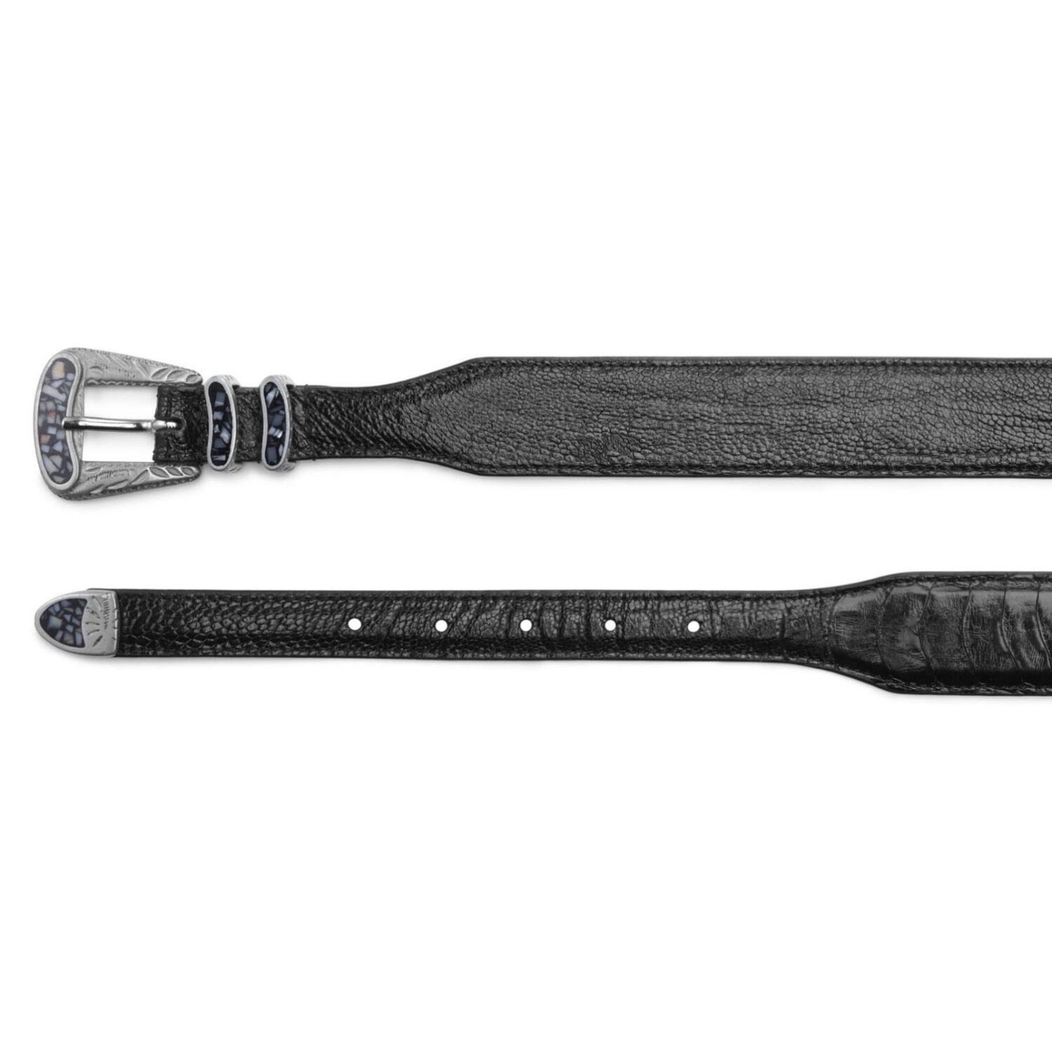 Black exotic ostrich leather New York belt, both ends