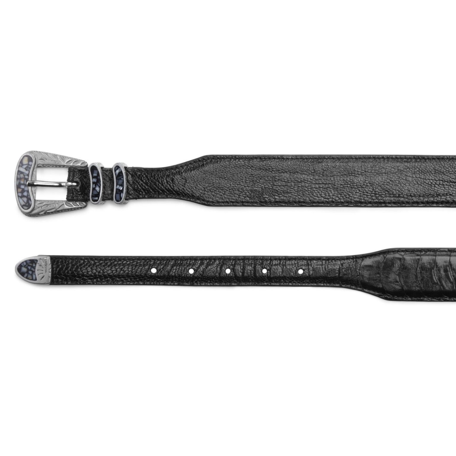 Black exotic ostrich leather New York belt, both ends