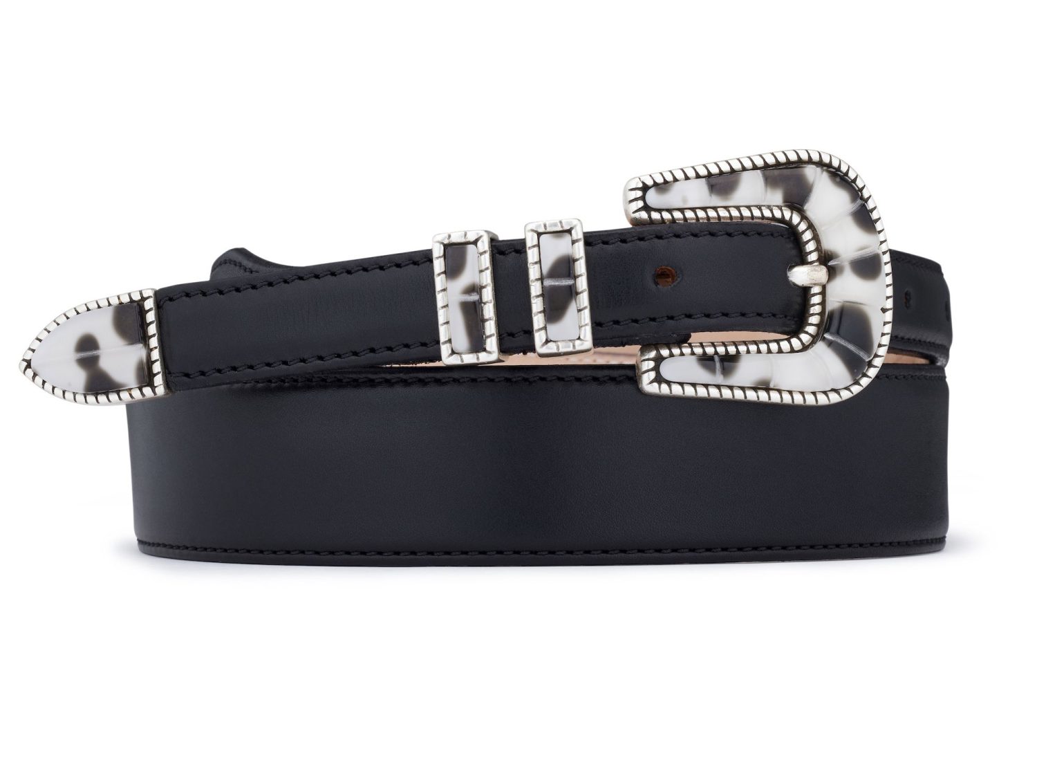 White and black buckle with black calfskin belt, rolled