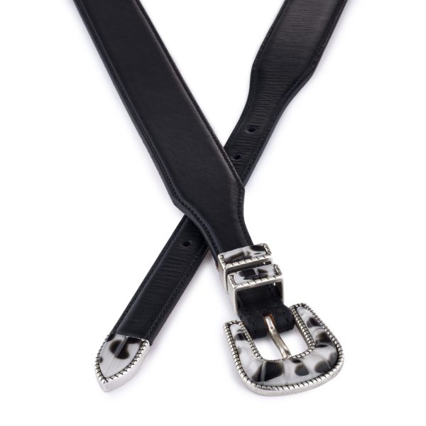 White and black buckle with black calfskin belt, crossed