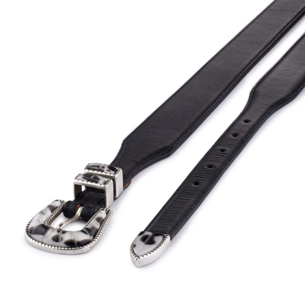 White and black buckle with black calfskin belt, diagonal view