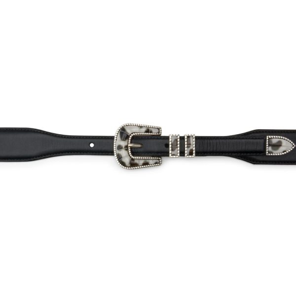 White and black buckle with black calfskin belt, buckle view