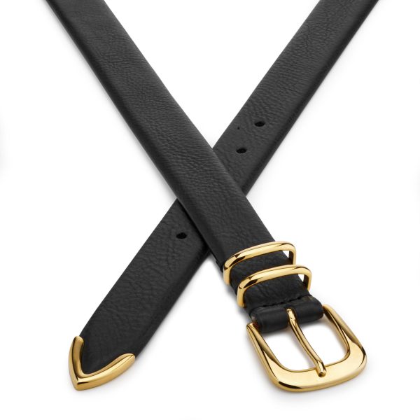 Black calfskin leather first class belt with golden buckle, crossed