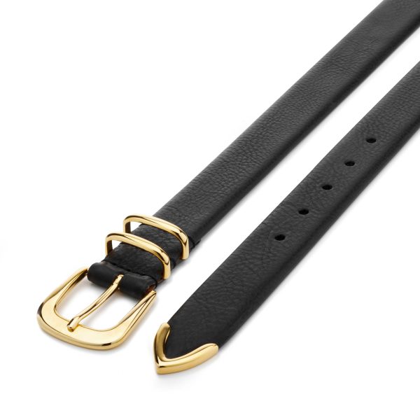 Black calfskin leather first class belt with golden buckle, diagonal view