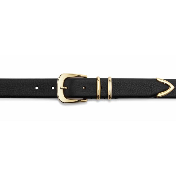 Black calfskin leather first class belt with golden buckle, buckle view
