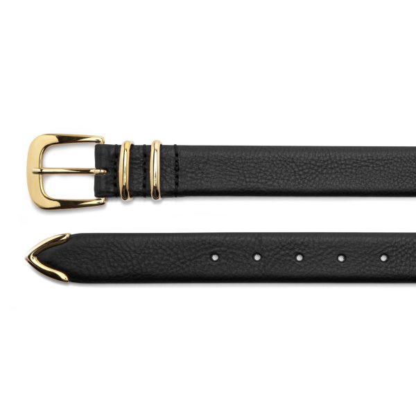 Black calfskin leather first class belt with golden buckle, both ends