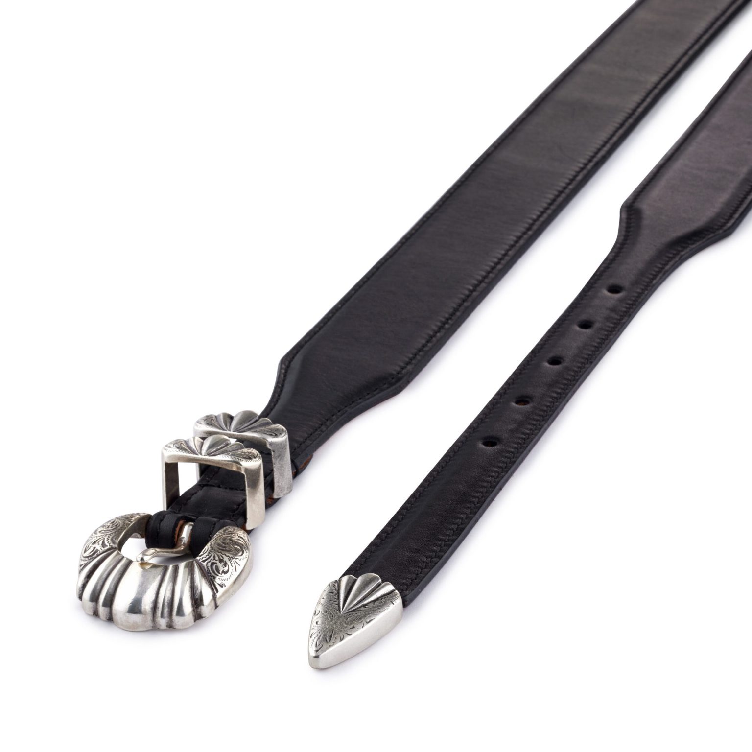 Black calfskin leather Versailles premium western Belt, diagonal view
