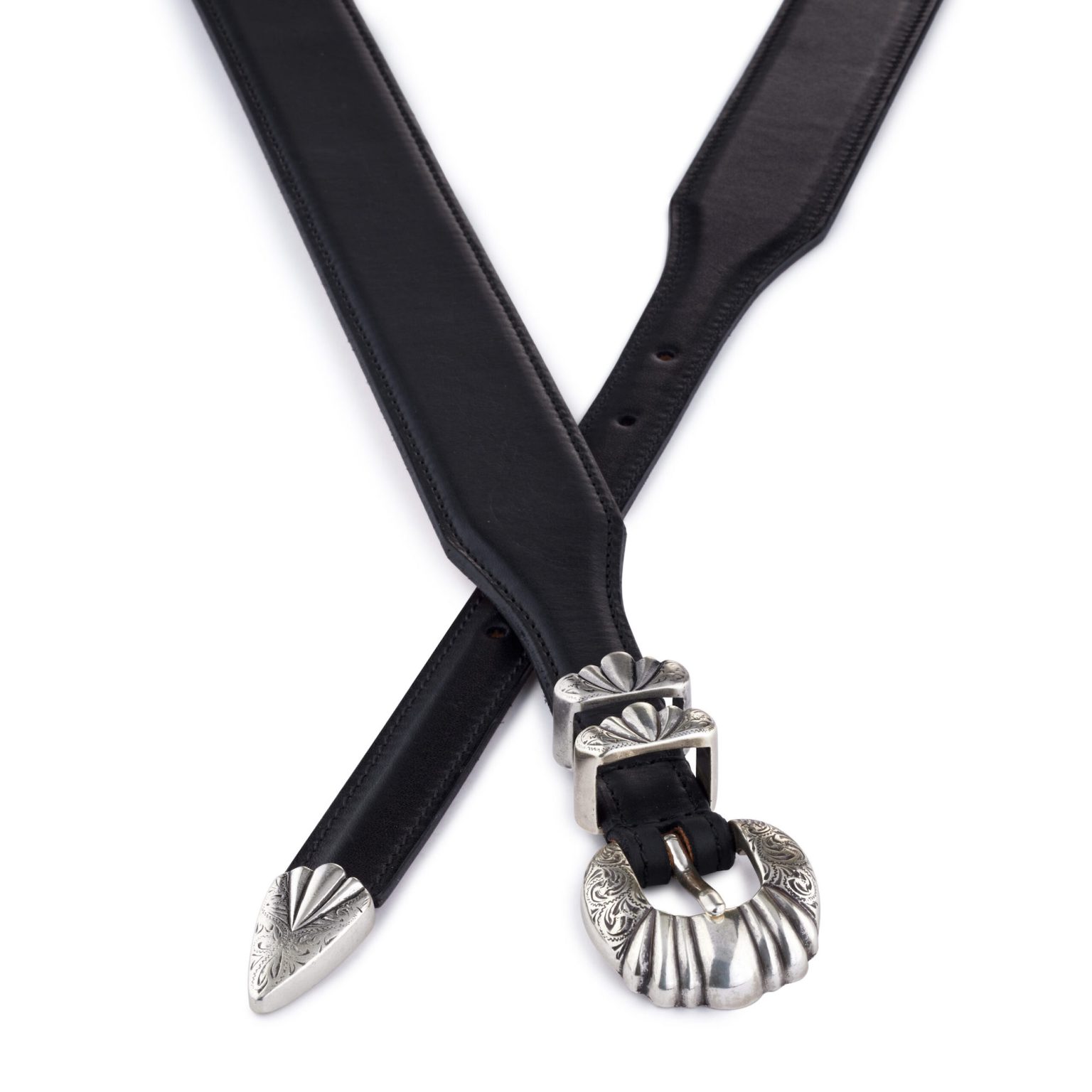 Black calfskin leather Versailles premium western Belt, crossed