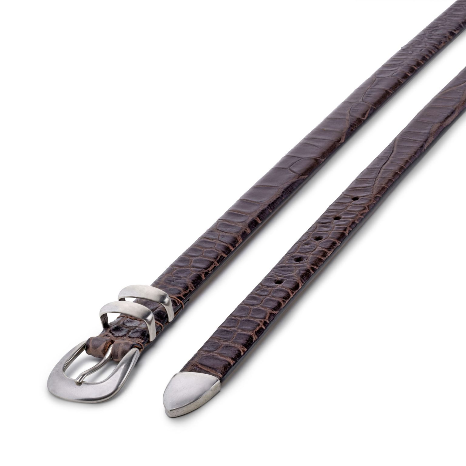 brown embossed leather tiny coconut belt, diagonal view