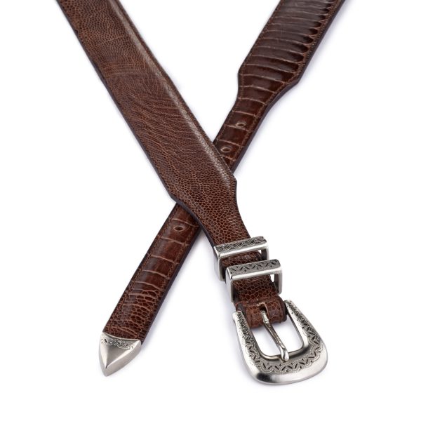 Brown exotic ostrich leather Amboise belt, crossed