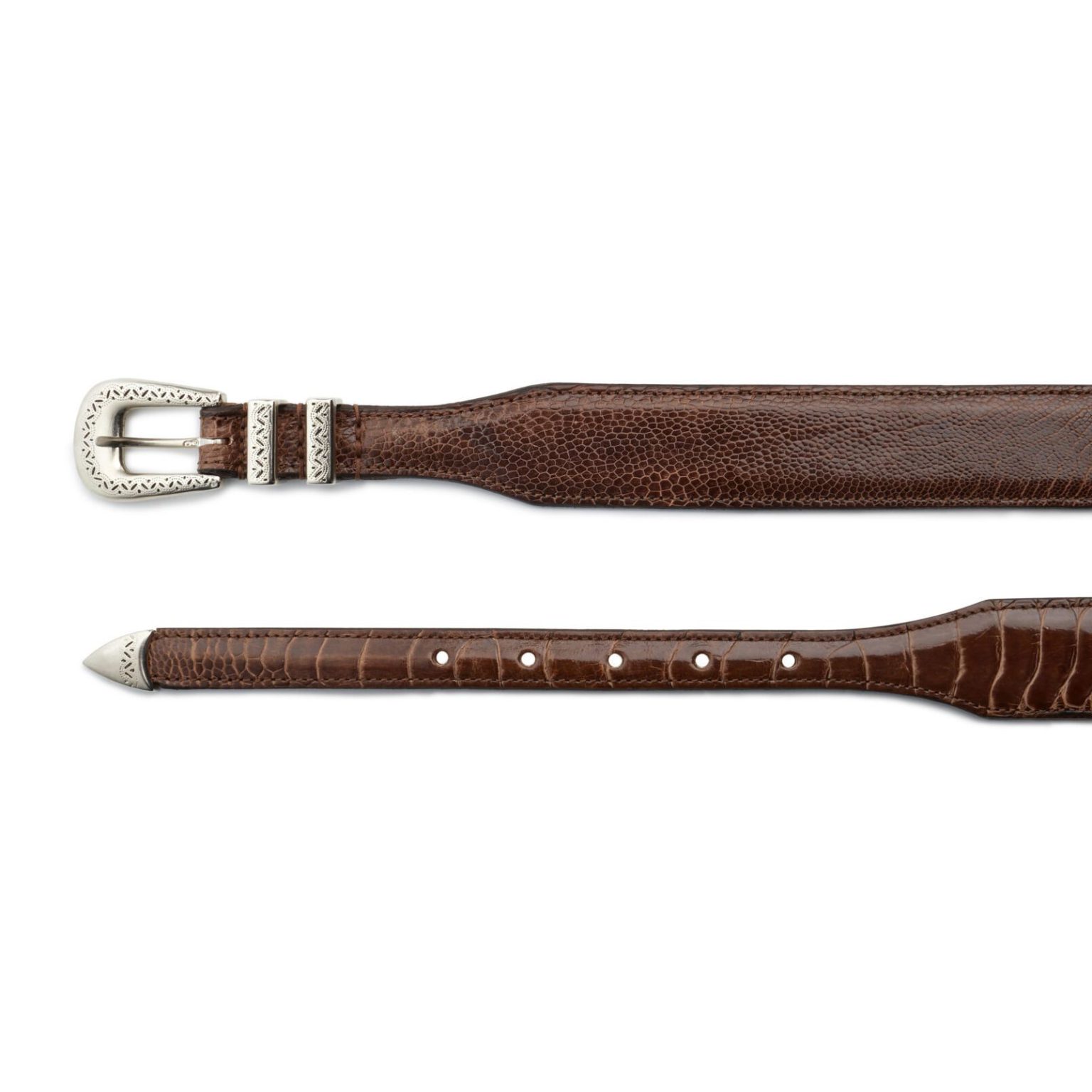 Brown exotic ostrich leather Amboise belt, both ends