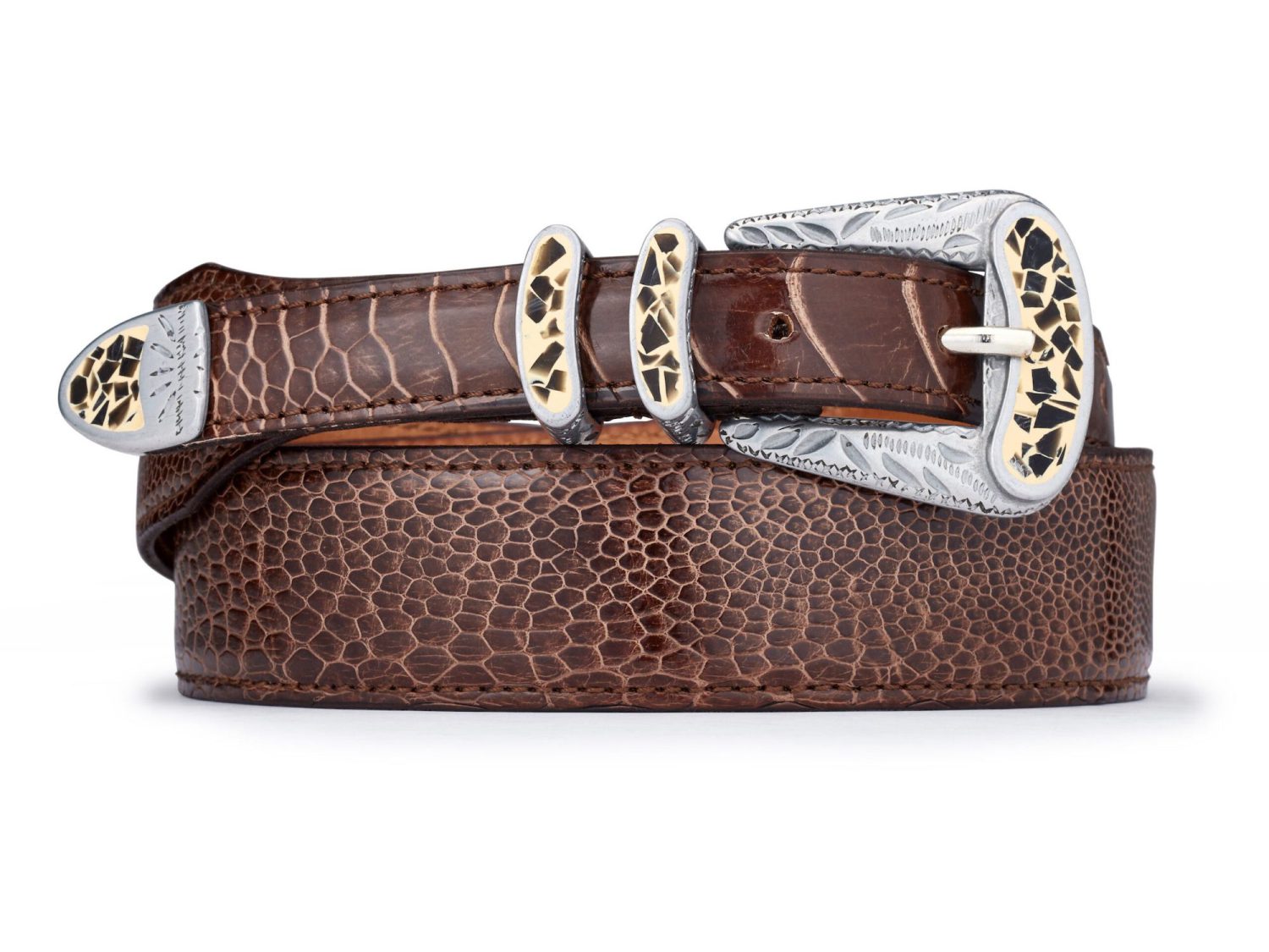 brown exotic ostrich leather safari belt, rolled