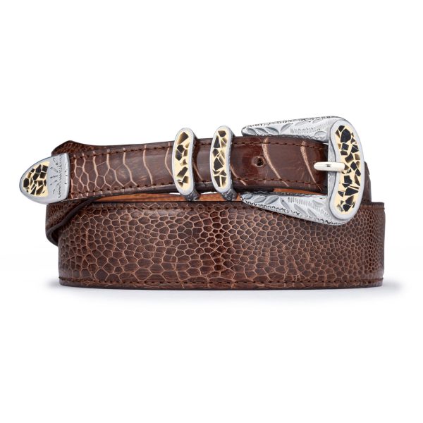 brown exotic ostrich leather safari belt, rolled