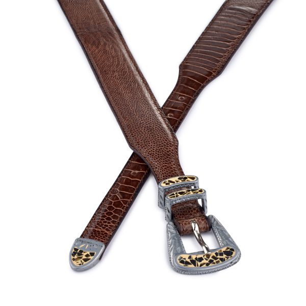 Brown exotic ostrich leather Safari belt, crossed