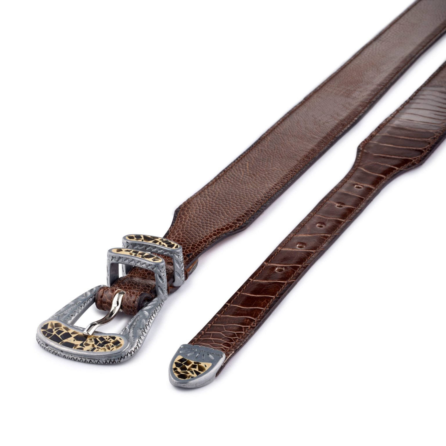 Brown exotic ostrich leather Safari belt, diagonal view