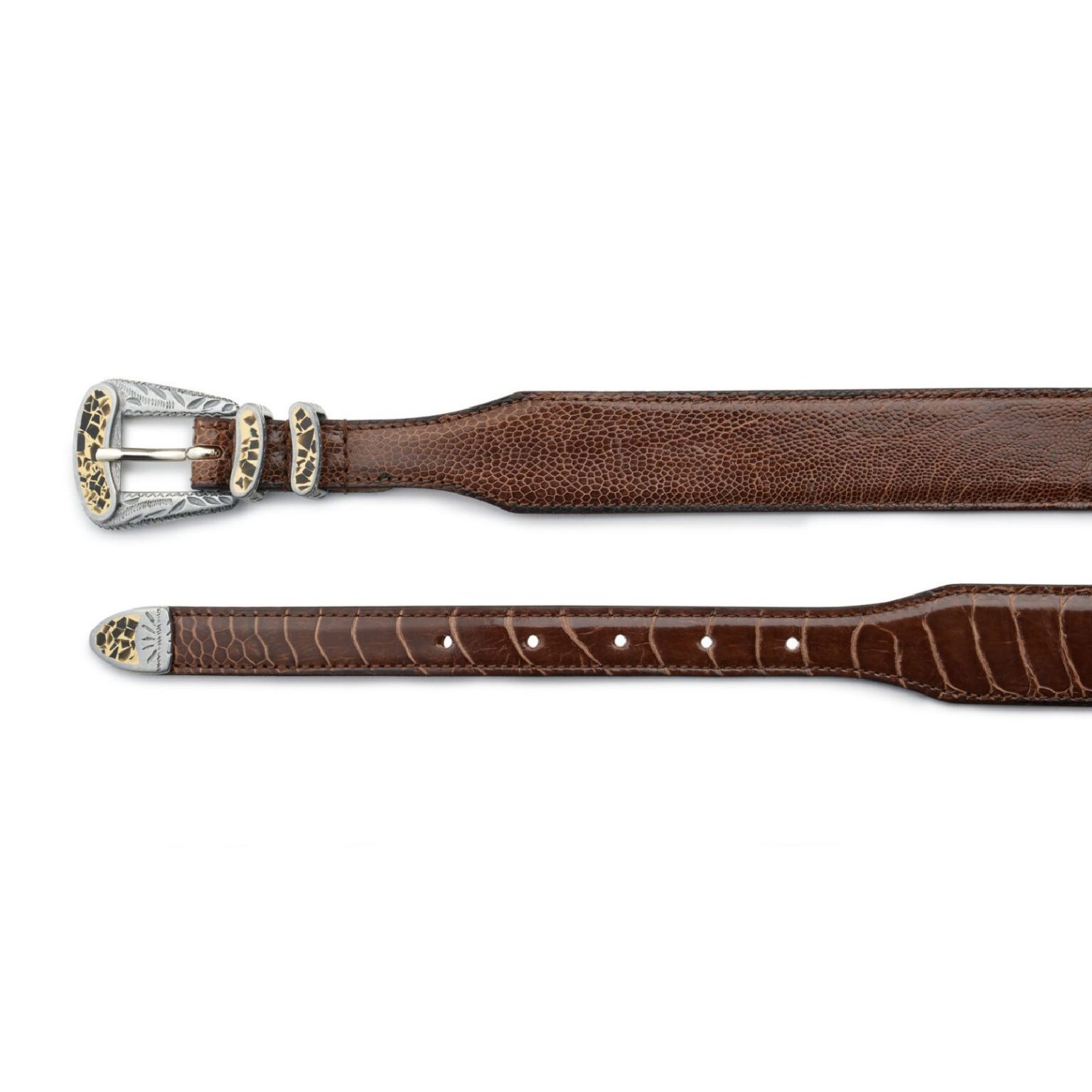 Brown exotic ostrich leather Safari belt, both ends
