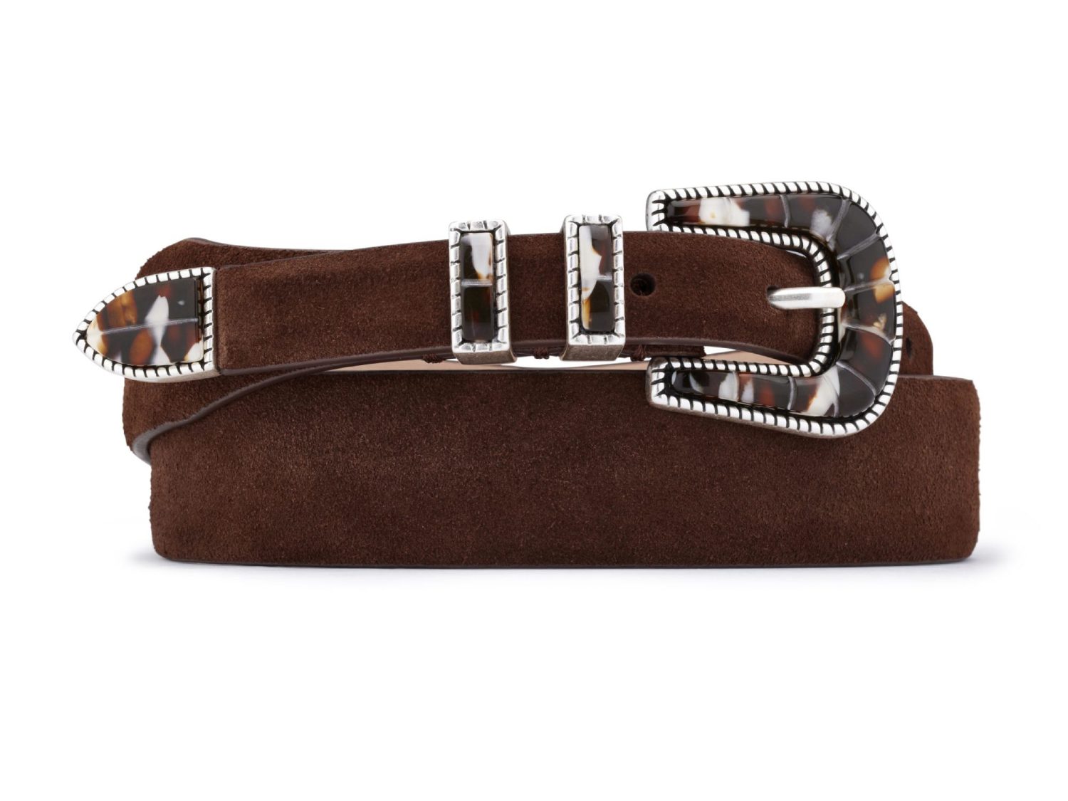 White and brown buckle with brown suede belt, rolled