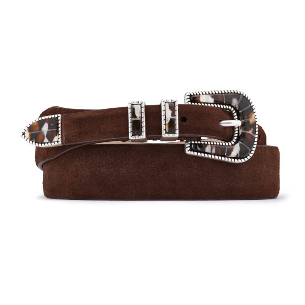 White and brown buckle with brown suede belt, rolled