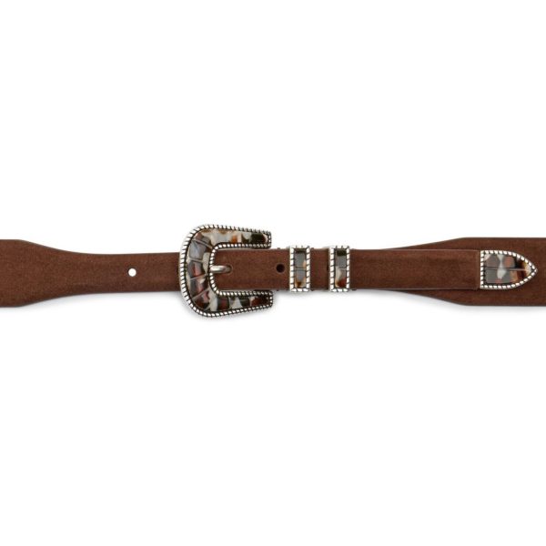 White and brown buckle with brown suede belt, buckle view
