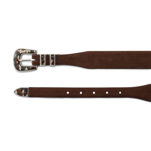 White and brown buckle with brown suede belt, both ends