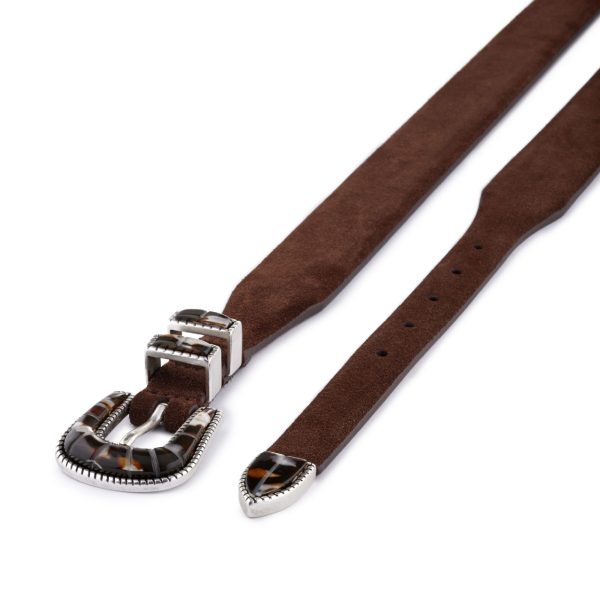 White and brown buckle with brown suede belt, diagonal view