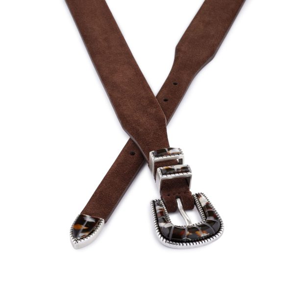 White and brown buckle with brown suede belt, crossed