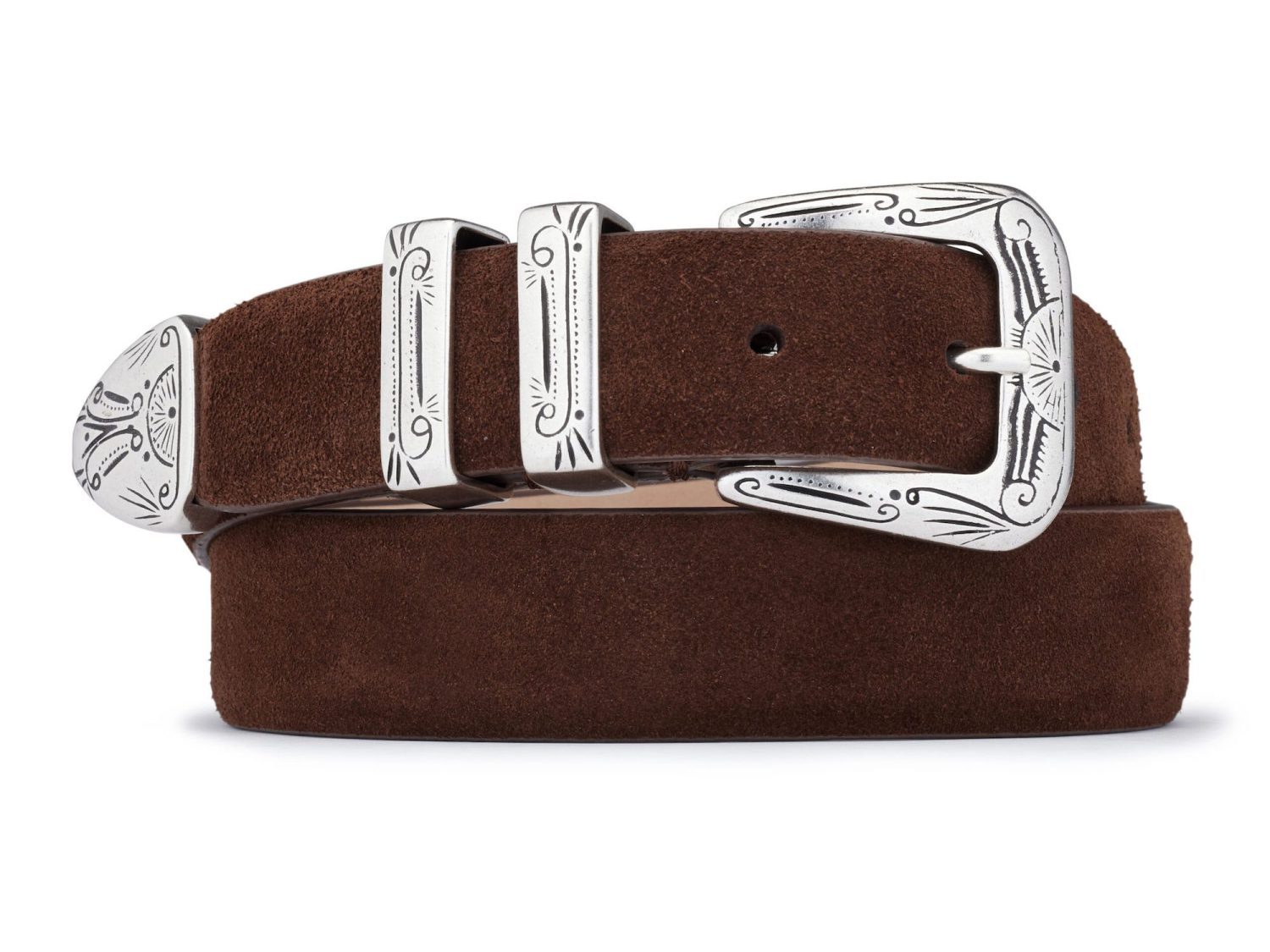 brown suede gipsy western belt with engraved buckle, rolled