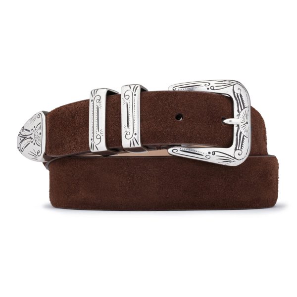 brown suede gipsy western belt with engraved buckle, rolled