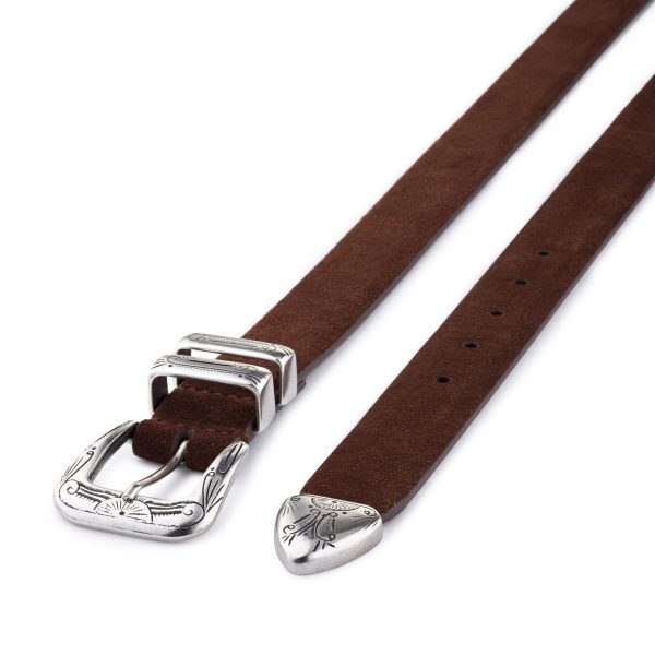 Brown suede gipsy western belt with engraved buckle, diagonal view