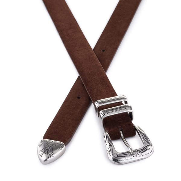 Brown suede gipsy western belt with engraved buckle, crossed