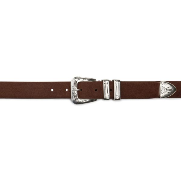 Brown suede gipsy western belt with engraved buckle, buckle view