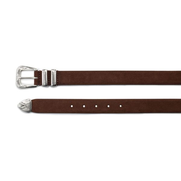 Brown suede gipsy western belt with engraved buckle, both ends