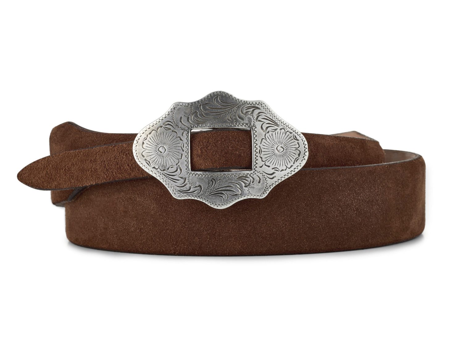 Brown premium suede new mexico belt with silver buckle, rolled