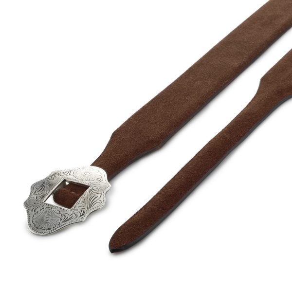 Brown premium suede New Mexico belt with silver buckle, diagonal view