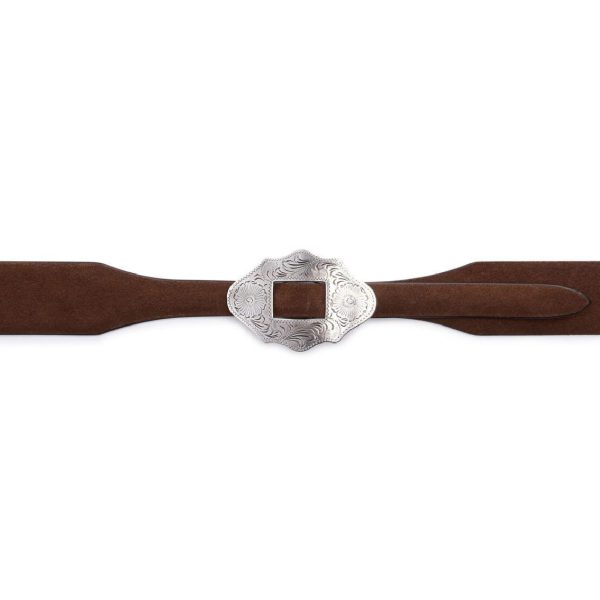 Brown premium suede New Mexico belt with silver buckle, buckle view