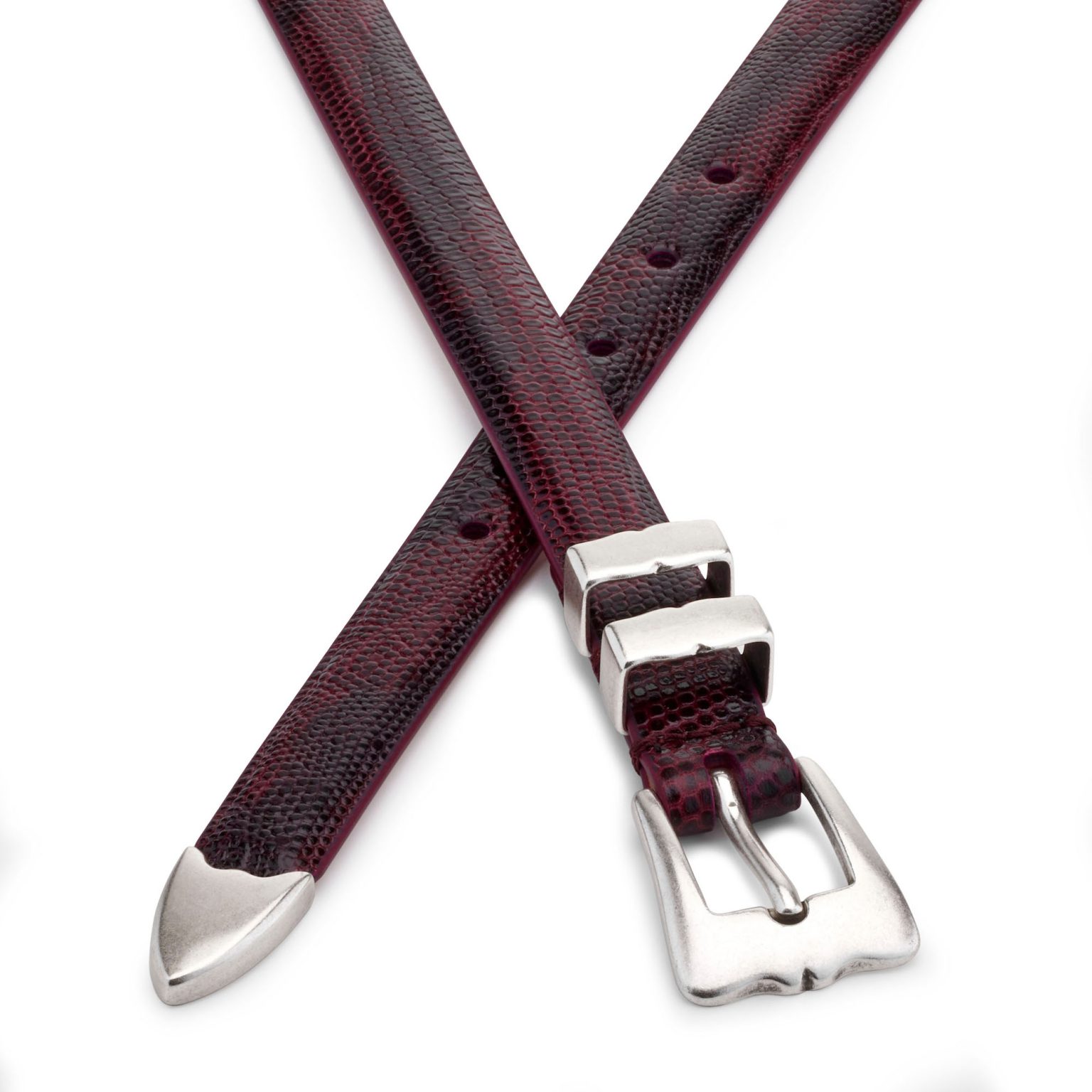 dark red embossed leather tiny lobster belt, crossed