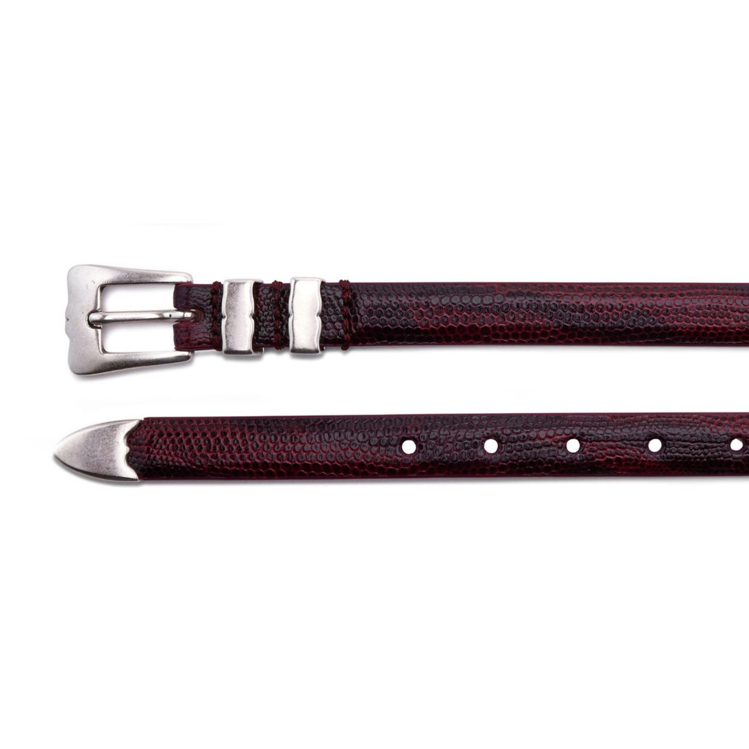dark red embossed leather tiny lobster belt, both ends