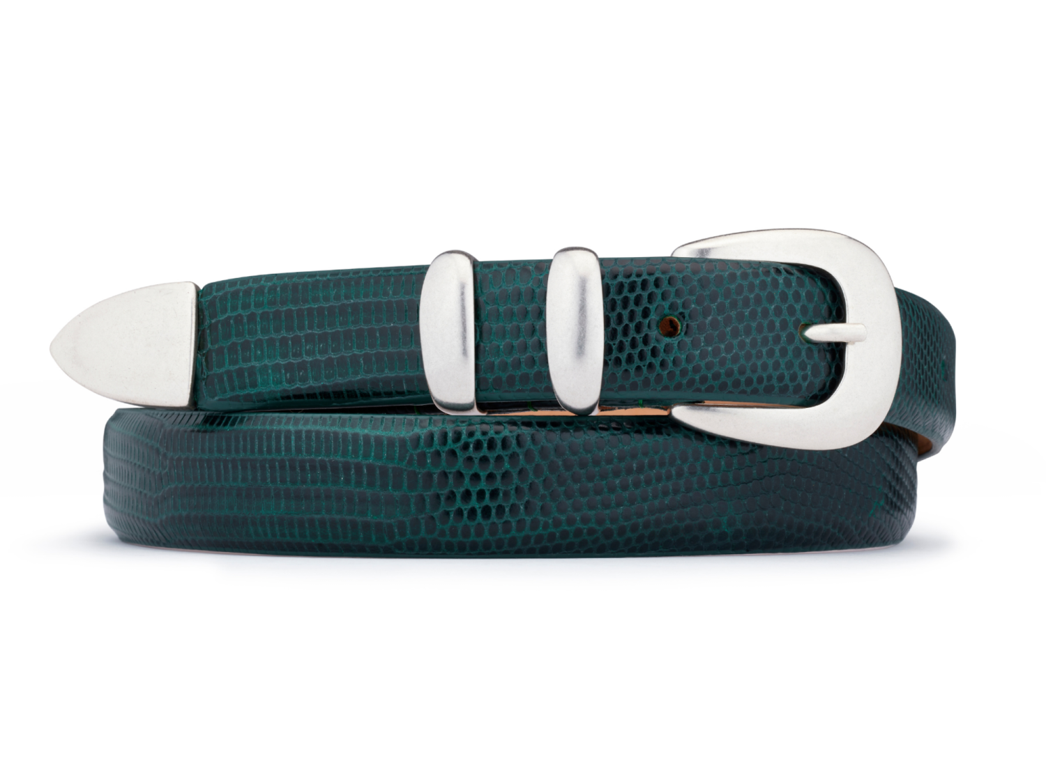 Tiny green embossed calfskin leather belt, rolled