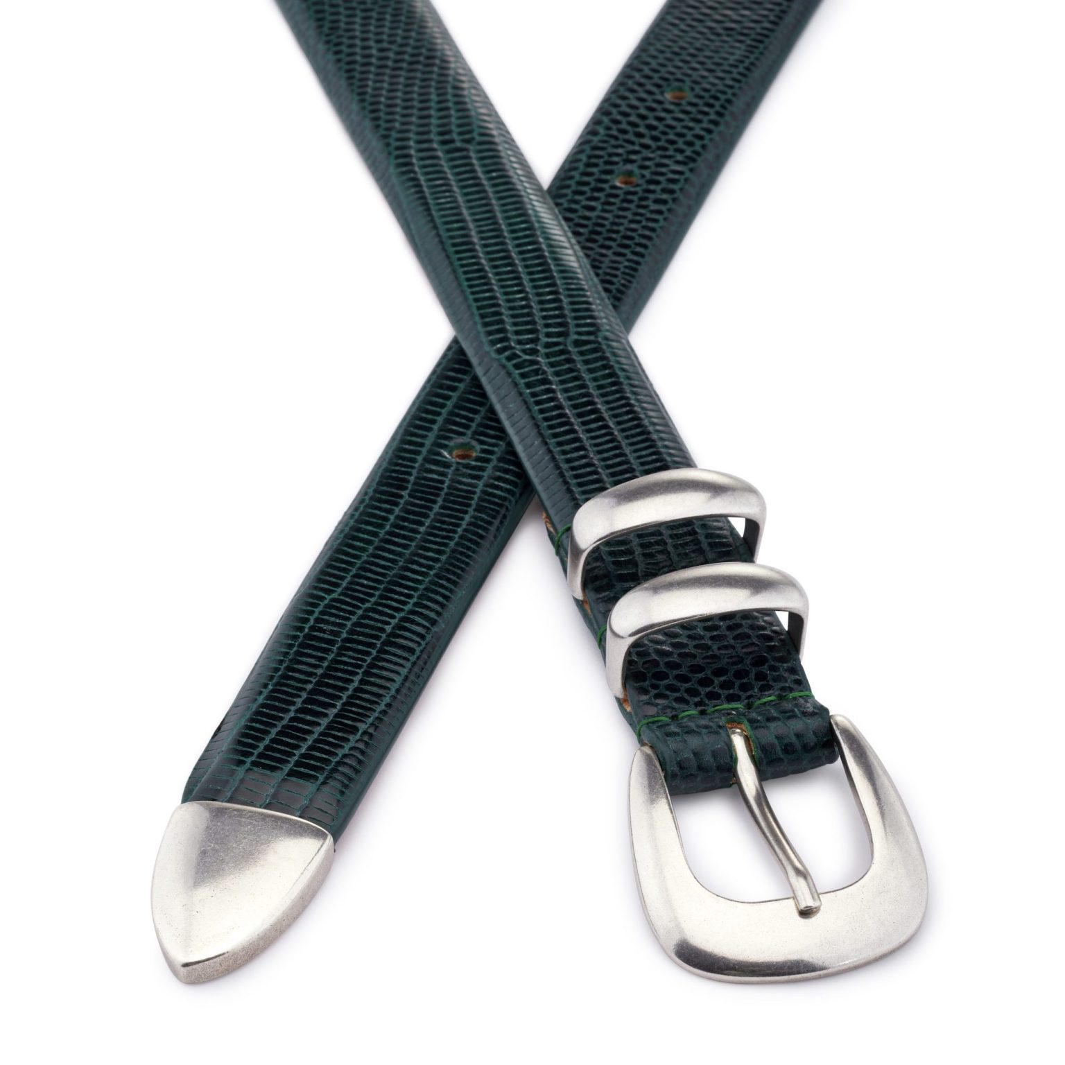 Tiny green embossed calfskin leather belt, crossed